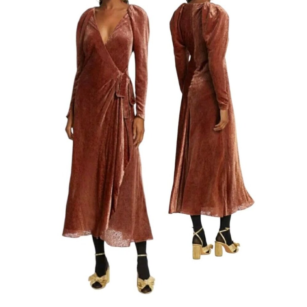 Tanya Taylor Velvet Whimsigoth Midi Maxi Dress Wrap Puff Sleeves Witchy Pink 18